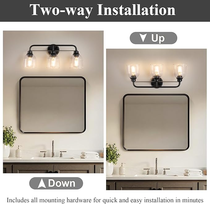 3 Light Matte Black Vanity Lights for Bathroom, Bathroom Light Fixtures Over Mirror with Clear Glass Shade, Ceramic E26 Sockets Wall Mounted