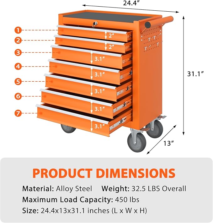 7-Drawer Rolling Tool Chest, Tool Box with 4 Wheels and Drawers, High Capacity Detachable Mobile Tool Storage Cabinet for Garage, Workshop, Mechanics and Repair Room (Orange)