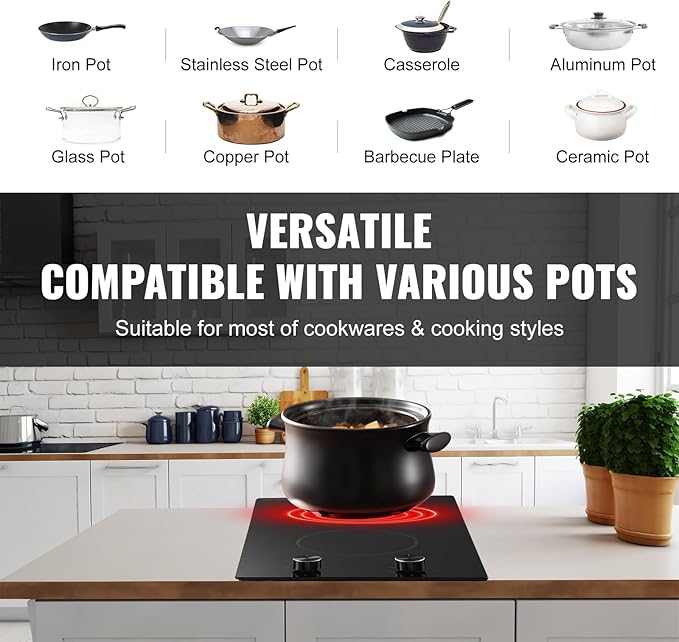 VEVOR Electric Ceramic Cooktop, Built-in Electric Stove Top, with Glass Panel, Knob Control, 11 Heat Levels, for Diverse Cooking Requirements (12inch-2burners/220V)