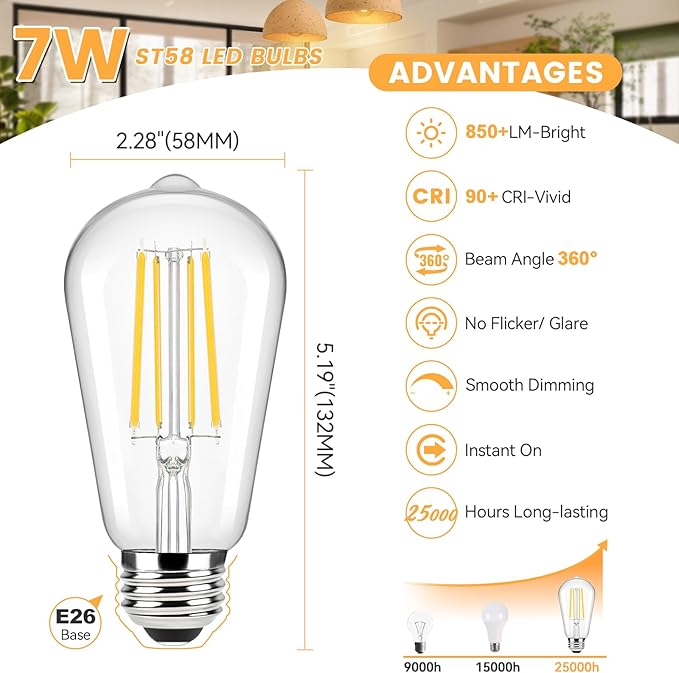 Brightever Edison Light Bulbs 60W Equivalent, Dimmable LED Light Bulbs, 7W, 850LM Vintage E26 Bulb 2700K Soft White, 90+CRI, ST58 Clear Glasses Antique Decorative Filament Bulb for House, 8 Pack