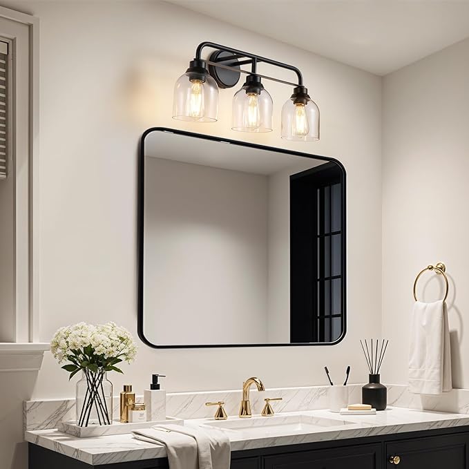 3 Light Matte Black Vanity Lights for Bathroom, Bathroom Light Fixtures Over Mirror with Clear Glass Shade, Ceramic E26 Sockets Wall Mounted