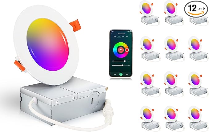 CLOUDY BAY [12 Pack] 4inch Smart WiFi LED Recessed Lighting,RGBCW Color Changing, Compatible with Alexa and Google Home Assistant, No Hub Required,10W 650LM, 2700K-6500K,CRI90+ Wet Location,12 Pack