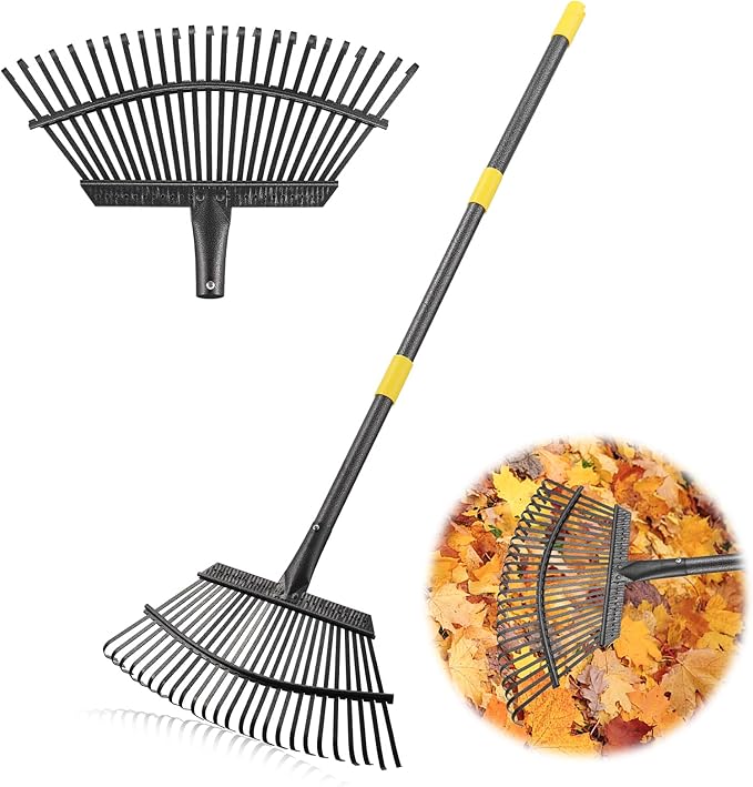 79" Leaf Rake- 25 Metal Tines 18" Wide Adjustable Long Handle Metal Leaf Rake for Lawns Heavy Duty for Yard Lawn Shrub Garden Beds