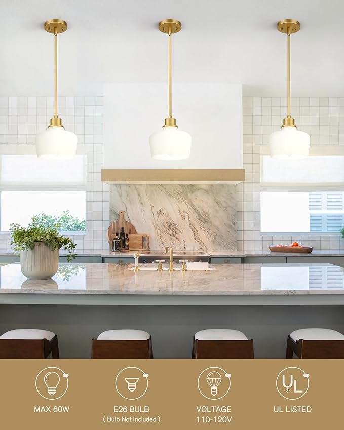 Emak 8 Inch Gold Pendant Lights Kitchen Island, 2 Pack Pendant Light Fixtures with Milk Glass Shade, Modern Hanging Lights for Kitchen Island, Bathroom, Dining Room, PL122-GD-ML-2PK