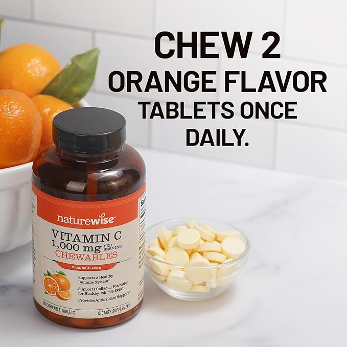 NatureWise Extra Strength Vitamin C Chewable 1000mg for Adults - Natural Orange Flavor - Immune System & Antioxidant Support - Non-GMO, Vegan & Sugar Free - 90 Chewable Tablets[45-Day Supply]