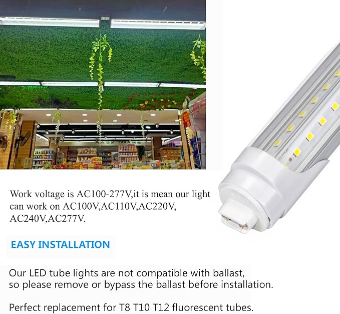 4ft T8 LED Tube Lights,36W 3600lm,White 6500K,R17d Base,45.8 inches End to End,60W F48T12 Fluorescent Bulb Replacement,Ballast Bypass,Dual-Ended Connection,Sign,Shop Lighting,Pack of 10