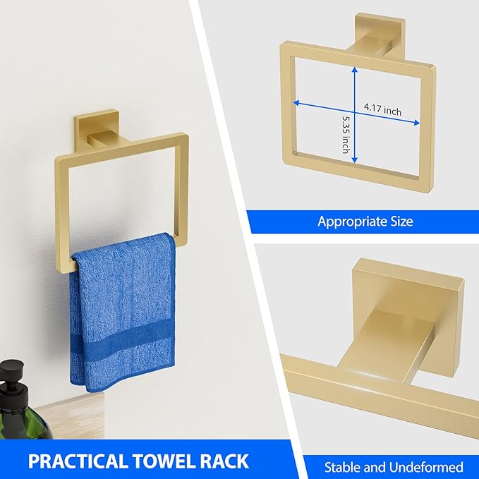 Brushed Gold 5-Pieces Bathroom Hardware Set, SUS304 Rustproof Steel 16" Rectangle Bathroom Towel Racks Accessories Set, Luxury Hotel Grade Organization Hardware Kit