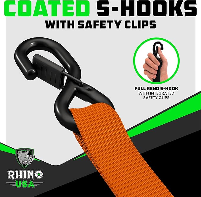 Rhino USA Ratchet Straps Heavy Duty Kit (4-Pack) - 1.6 Inch x 8 Feet (5,208lb Break Strength) - Ultimate Tie Down Straps with Safety S Hooks for Trucks, ATV, UTV, Motorcycle, Cargo & More - Orange