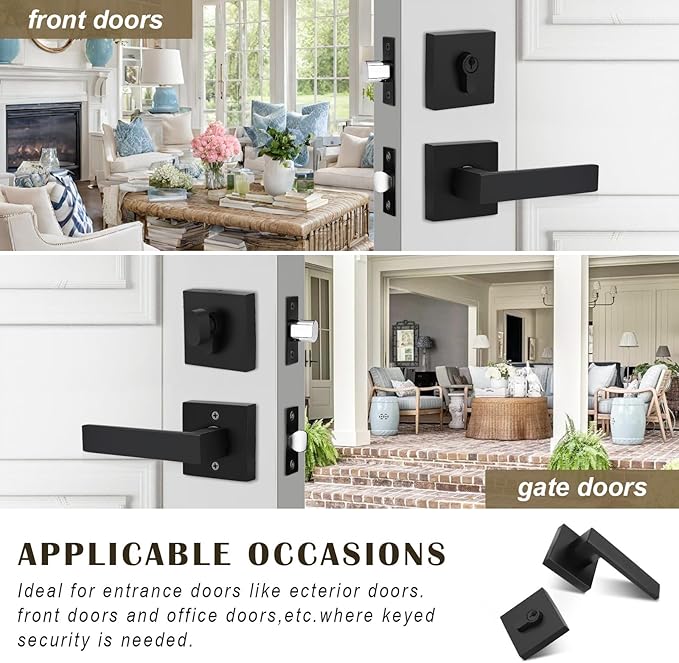 2 Pack Keyed Entry Door Lock with Deadbolt Set, Reversible Passage Lever and Keyed Alike Single Cylinder Deadbolt, Matte Black Square Handleset for Bedroom, Front Door