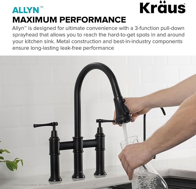KRAUS Allyn Transitional Bridge Kitchen Faucet with Pull-Down Sprayhead in Matte Black, KPF-3121MB