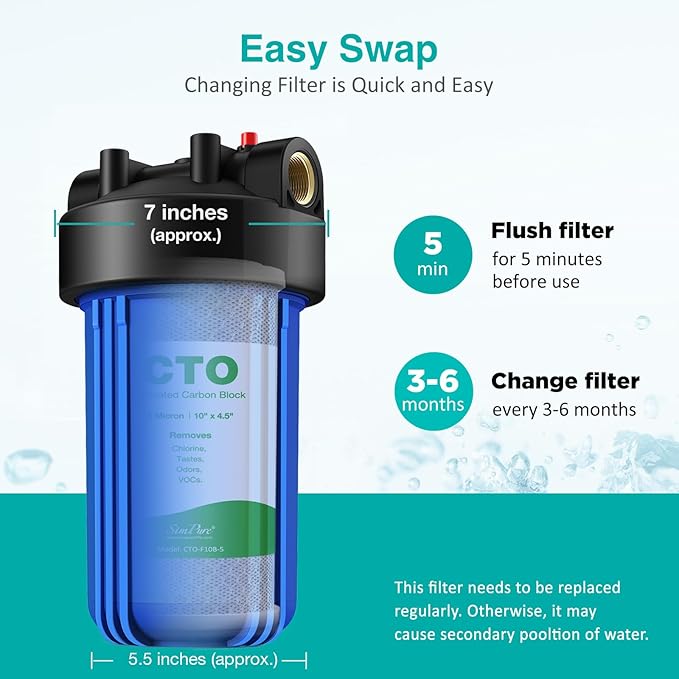 SimPure 10" x 4.5" CTO Carbon Block Water Filter 5 Micron Whole House Water Filter Cartridges (6 Pack)