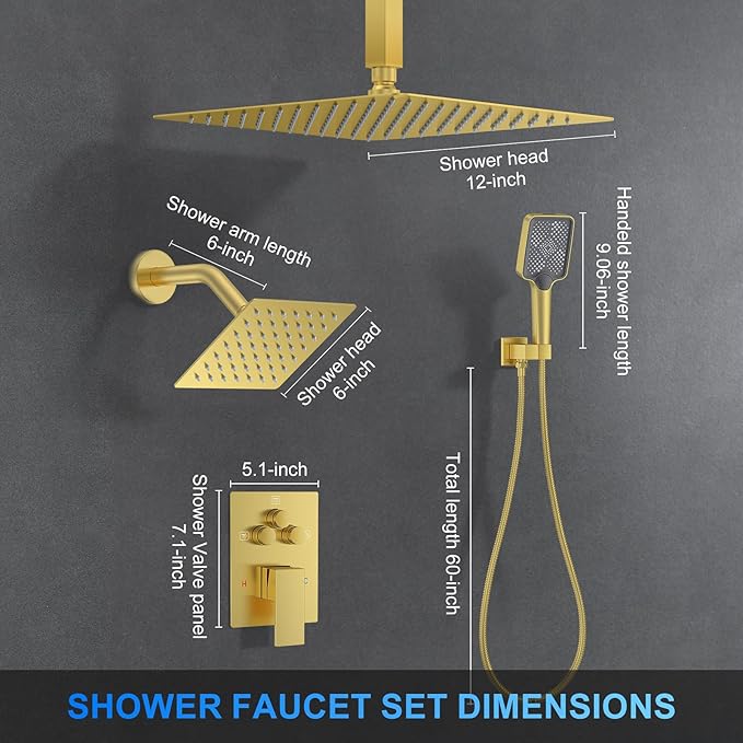 Shower Faucet Set, 12" Ceiling Mount Rainfall Shower System with 2 Rain Shower Head and Multi-function Handheld Head Push Button Diverter Shower Faucet Trim Kit (12", Brushed Gold)