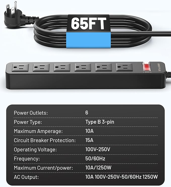 65 FT Outdoor Power Strip Weatherproof with Surge Protector - 6 AC Outlets, Unistyle 1700 J Lightning Protection, IPX4 Waterproof Extension Cord for Christmas Lights, Camping & Pool Parties Black