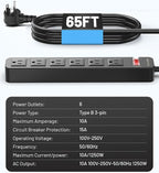 65 FT Outdoor Power Strip Weatherproof with Surge Protector - 6 AC Outlets, Unistyle 1700 J Lightning Protection, IPX4 Waterproof Extension Cord for Christmas Lights, Camping & Pool Parties Black