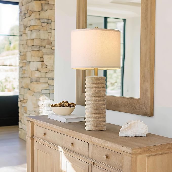 PoKat 27" Stone-Like Farmhouse Ceramic Table Lamps Set of 2 for Bedroom, Boho Nightstands Lamps for Night Stands, Distressed Beige Bedside Lamps with Natural Textured for Living Room, Sand-Colored