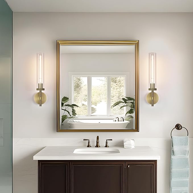 Modern Brass Hardwired Wall Sconces 2 Pack, 21'' Knurled Bathroom Wall Sconce, Indoor Wall Sconce,Copper and Tube Glass Vanity Light, for Living, Bedroom, Hallway, Staircases, Include Bulbs