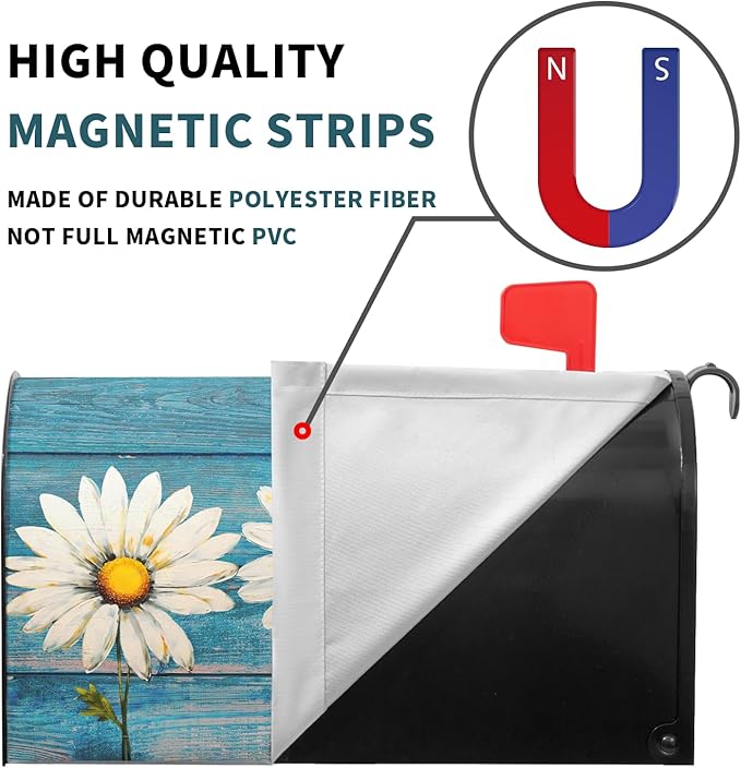 Spring Daisy Rustic Blue Wood Board Mailbox Covers Magnetic Standard Size 21x18 Inch Vintage Floral Summer Waterproof Mail Box Wraps Post Letter Box Covers Garden Yard Outdoor Decor