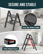 WOA WOA Step Ladder, Folding Step Stool with Widening Pedals, Portable Lightweight Home Ladder, Kitchen Stepladder, Easy to Store, Space Save 300 lbs Capacity (2 Step, Black)