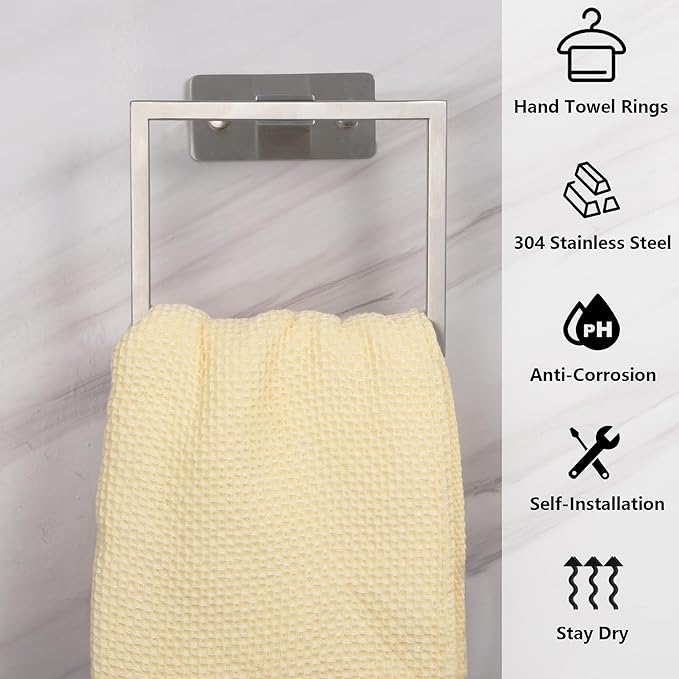 LANC Hand Towel Rings for Bathroom Wall Mount Brushed Finished Square Self Adhesive Hand Towel Holder for Kitchen Towel Holder Lavatory Stainless Steel Contemporary Shower Towel Racks, A8396BN
