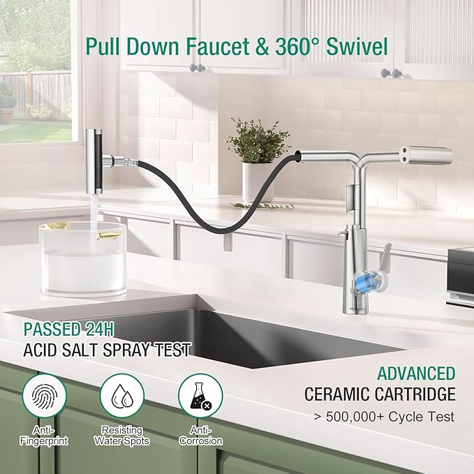 CREA Waterfall Kitchen Faucets with Soap Dispenser Built-in,4 Modes Bar Sink Faucet with Pull Down Sprayer,Single Handle 1 Hole Utility Faucet for Laundry Brushed Nickel Stainless Steel