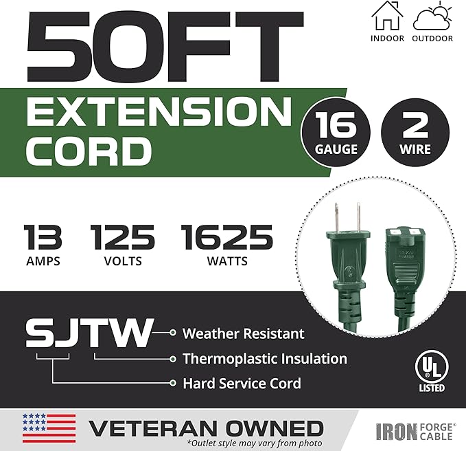 Iron Forge Cable 2 Prong Outdoor Extension Cord 50 ft, 16/2 Weatherproof Green Extension Cord for Outside, 13 Amp SJTW Power Cable for Outside & Landscaping - US Veteran Owned