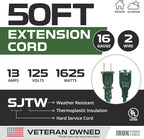 Iron Forge Cable 2 Prong Outdoor Extension Cord 50 ft, 16/2 Weatherproof Green Extension Cord for Outside, 13 Amp SJTW Power Cable for Outside & Landscaping - US Veteran Owned