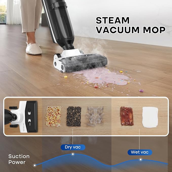 4-in-1 Steam Vacuum Mop - High-Performance Wet Dry Floor Cleaner for Hardwood Floors Carpets, 212°F Steam for Tough Stains, Self-Cleaning LED Display