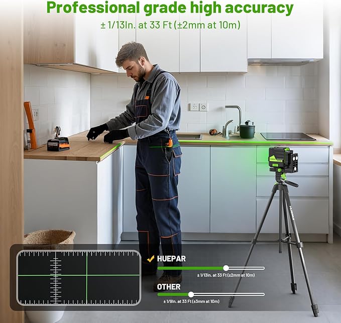 Huepar Laser Level with 60in Tripod, 1/13 High Accuracy Self Leveling Green Cross Line Lazer Leveler for Picture Hanging, Tile, Home Renovation, with Pluse Mode for Outdoor, Carry Case, Glasses