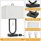 24'' Table Lamps Set of 2 - Desk Lamp & Bedside Lamp, 3-Color Temperature, USB C+A Ports, Modern Nightstand Lamps for Bedroom, Living Room, Home Office, Pull Chain Switch, Includes 2 LED Bulbs