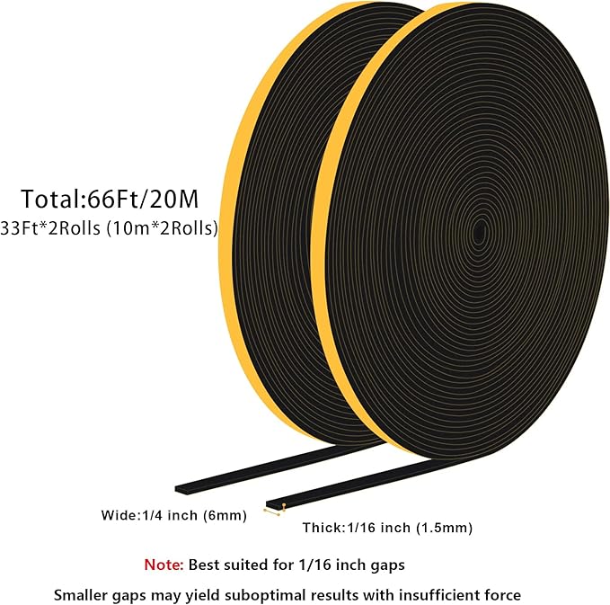 Strong Adhesive Weather Stripping, Window Foam Seal Strip with Single Sided Adhesive, Soundproof Weatherproof Weather Tape for Sliding Door Jamb, Lightproof, Dustproof(1/4 In x 1/16 In x 66Ft)