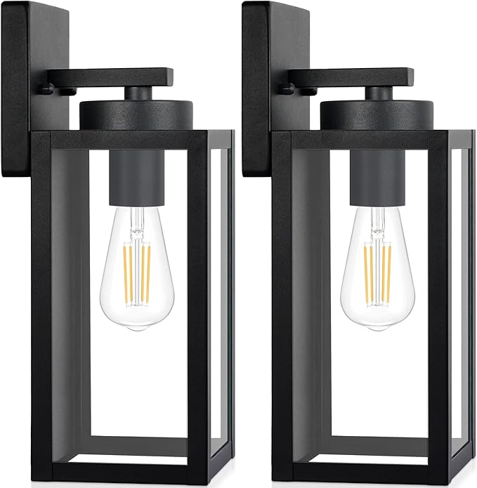 Outdoor Wall Light Fixtures, Exterior Waterproof Wall Lanterns, Porch Sconces Lighting with E26 Sockets & Glass Shades, Modern Matte Black Outside Lights for Patio Front Door Entryway Garage, 2-Pack