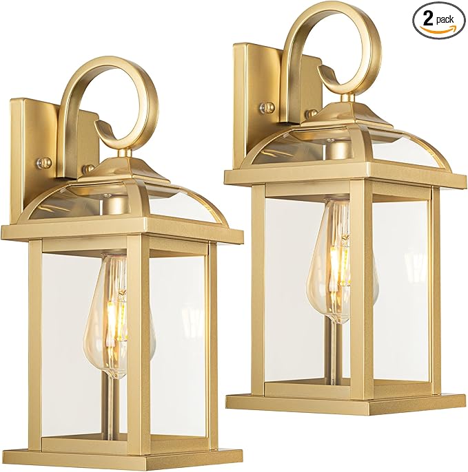 Gold Outdoor Wall Lights 2-Pack 15 Inch, Aluminum Anti-Rust Large Exterior Porch Wall Lanterns with IP65 Waterproof Clear Glass Brass Outdoor Lights Wall Mount Exterior Lights for House