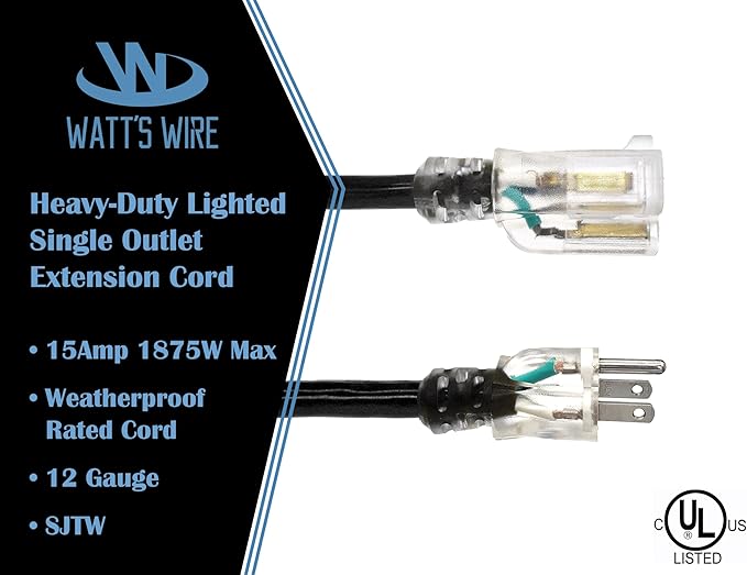 Outdoor Extension Cord Waterproof (6 ft) 12 Gauge Heavy Duty Extension Cord - Lighted Outdoor Extension Cords - Watts Wire - 6' Grounded - extensiones electricas