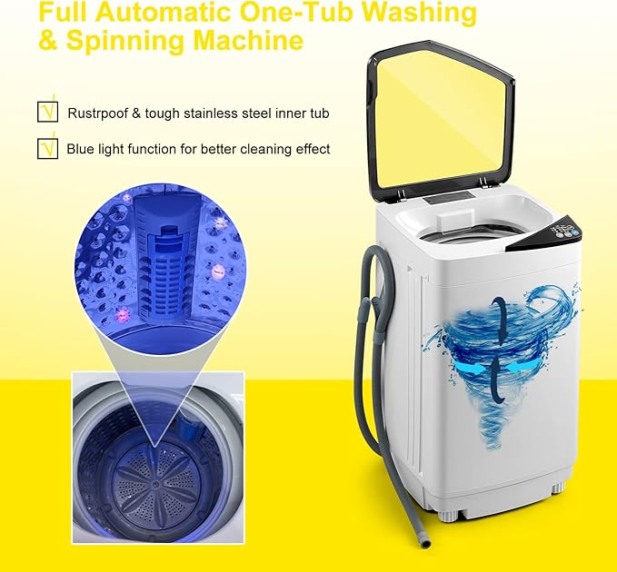 COSTWAY Portable Washing Machine, 7.7lbs Capacity Compact Laundry Washer and Spin Combo with 6 Programs, Built-in Barrel Light, Full-Automatic Washing Machine for Apartments Camping RVs Dorm, Yellow