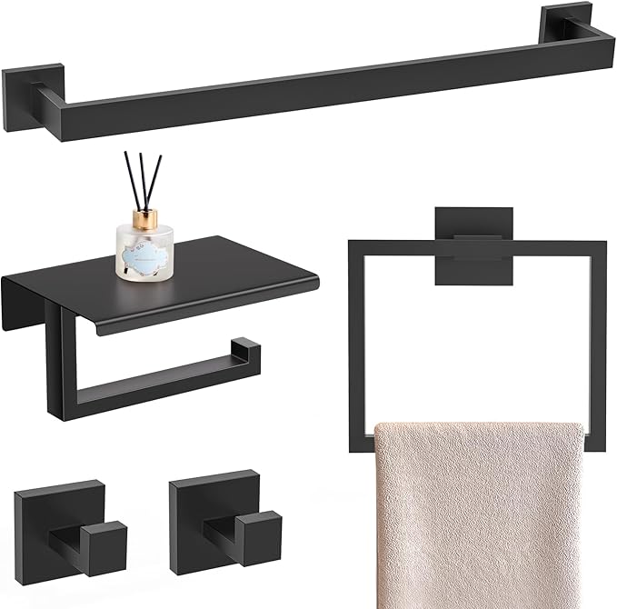 YACVCL 5 Pieces Matte Black Bathroom Hardware Accessorie Set 23.6 Inch Towel Bar Set SUS304 Stainless Steel Towel Rack&Holder Set for Bathroom,Toilet Paper Holder with Shelf Wall-Mounted