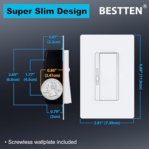 BESTTEN 10 Pack Super Slim Digital Dimmer Light Switch, Quiet Rocker, Max 300W LED, CFL, 600W Halogen, Single Pole or 3 Way Dimmable Switch, Screwless Wallplate Included, ETL Listed, White
