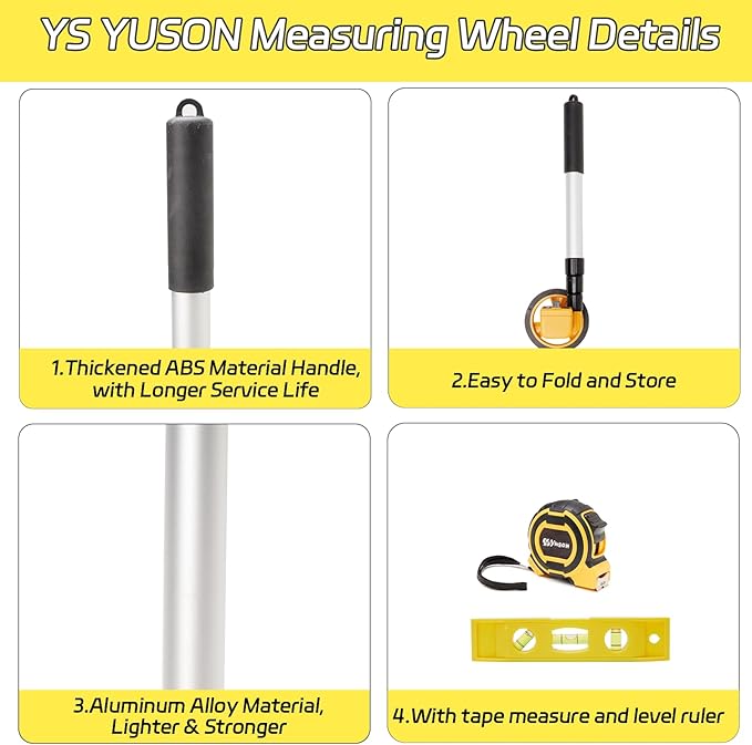 Rolling Measuring Wheel in Feet, Digital Measuring Wheel for Construction, Walking Measuring Wheel, Measure Wheel with Tape Measure and Level Ruler, One Key to Reset, 4 Inch, Up to 9999Ft
