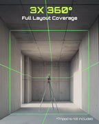 3D-RS12 Laser Level 3x360° Green Beam for Construction and Picture Hanging, Self-Leveling 3D Laser with 2 Rechargeable 11.1V Batteries (24 Hrs), Magnetic Liftable Stand, Type-C Cable