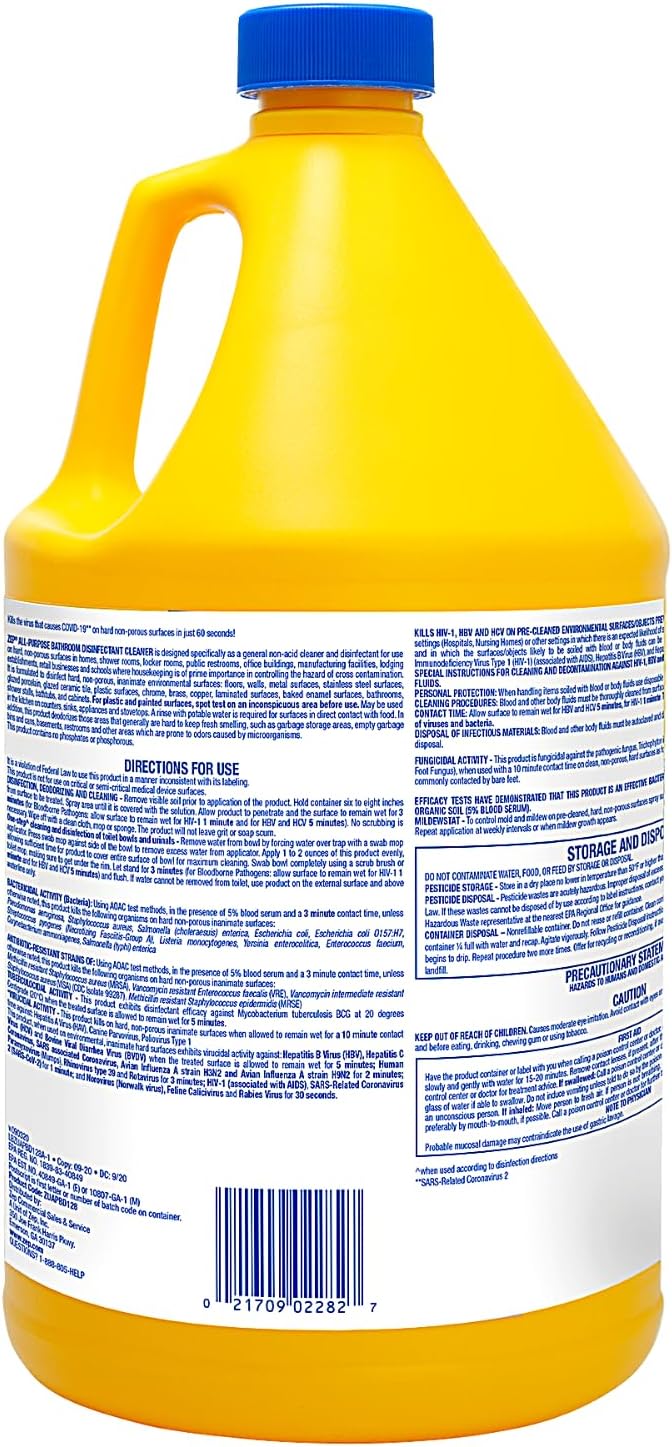 Zep All-Purpose Bathroom Disinfectant Cleaner - 1 Gallon (Case of 4) ZUAPBD128 - Virucidal, Fungicidal, Mildewstat, Kills 99.9 Percent of Germs in 60 Seconds