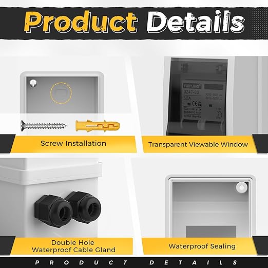 50 Amp AC/DC Solar Panel Disconnect Switch Miniature Circuit Breaker Box 500V 2 Poles with IP65 Waterproof UV-Proof Box for Outdoor Solar Homes PV Battery