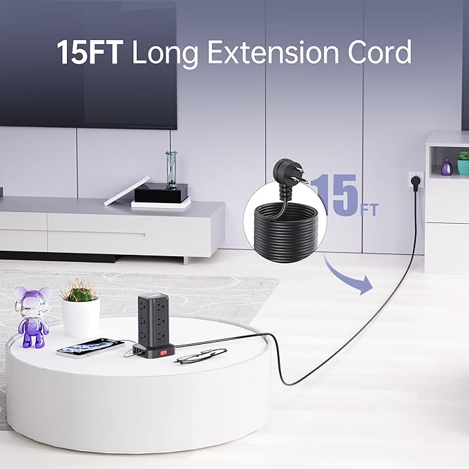 15FT USB C Power Strip Surge Protector Tower, Mini Power Strip Tower Travel 12 AC 4 USB Power Strip with USB Ports, Overload Protection for Home Office