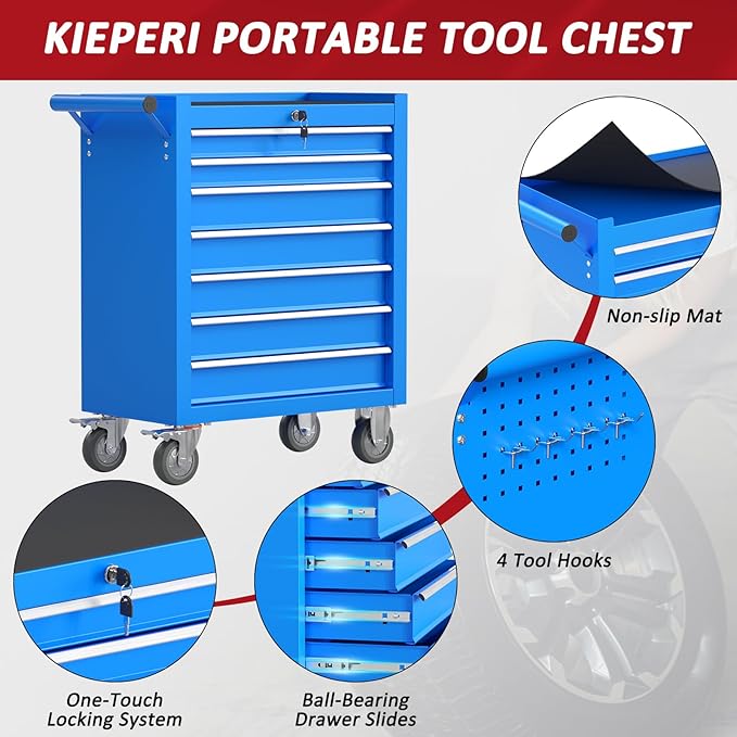 7 Drawers Rolling Tool Chest with Wheels, Portable Rolling Tool Boxes with Wheels, Tool Box Storage Cabinet with Locking System for Garage (Blue, 7 Drawers)