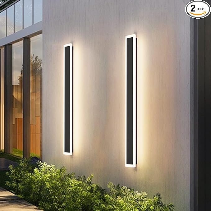 Aipsun 2 Pack Outdoor Wall Lights, Black LED Exterior Light Fixtures Wall Mount, Modern Porch Lights Wall Sconce, Long LED Linear Wall Lamp Outside Lighting for Garage, Front Door 3000K