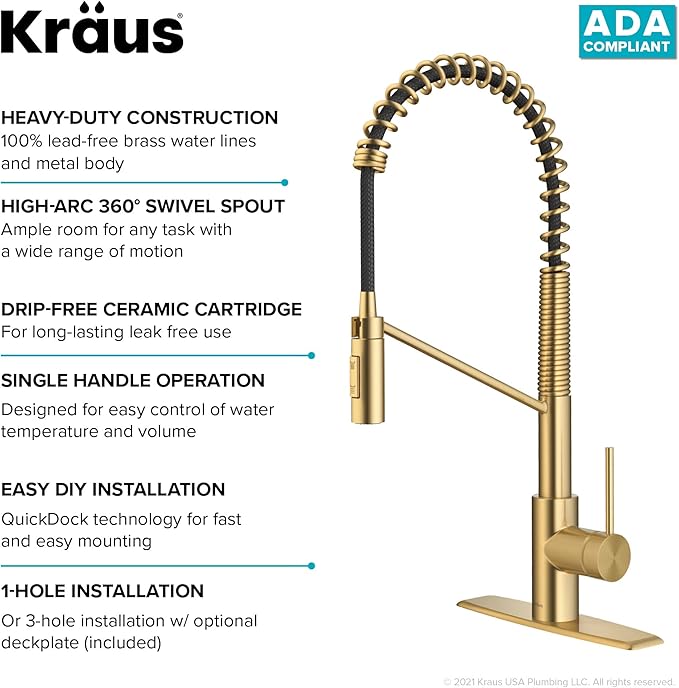 KRAUS Oletto Commercial Style Single Handle Pull Down Kitchen Faucet with QuickDock Top Mount Installation Assembly in Brushed Brass, KPF-2631BB