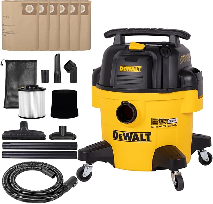 DEWALT 6 Gal Stealthsonic Shop Vacuum Wet and Dry, 5 Peak HP Poweful Suction Ultra-Quiet Vacuum Cleaner with Complete Accessory Kit and 6 Dust Bages, Shop Vac for Home, Jobsite, Workshop, Garage, Car