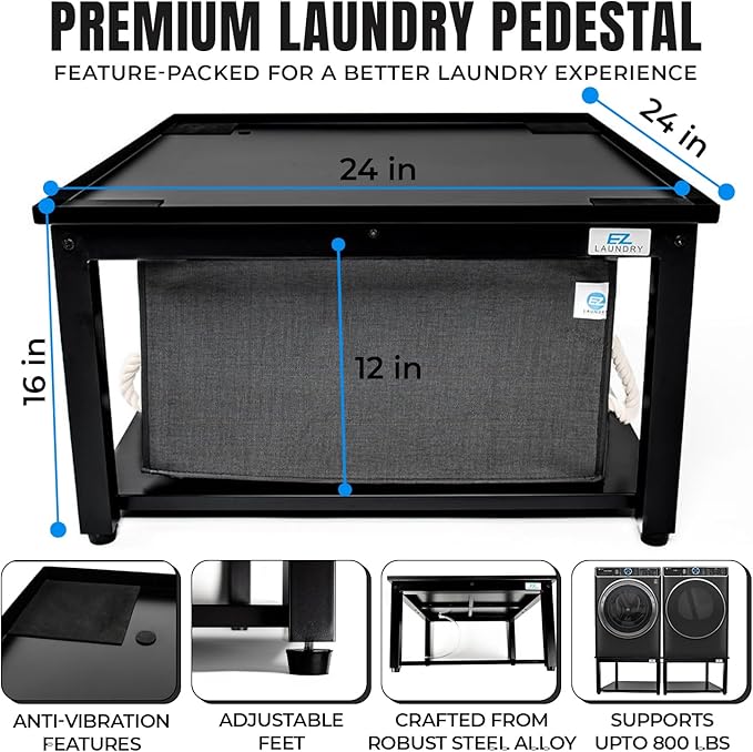Washer and Dryer Pedestals - 24" W, 16" H, Black Steel Universal Fit with Major Brands, Leak-Proof Laundry Pedestal with Drain Pan & Hose, Washer and Dryer Stand for Back Pain Relief, 800 lbs Capacity