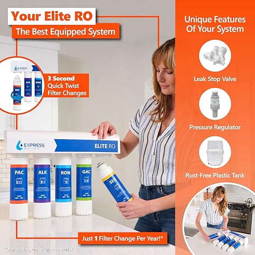 Express Water Elite RO Reverse Osmosis Alkaline Water Filtration System – Quick Twist Filter Change 9 Stage RO Water Filter– Under Sink Water Filter with Alkaline Filter for Essential Minerals 100 GPD