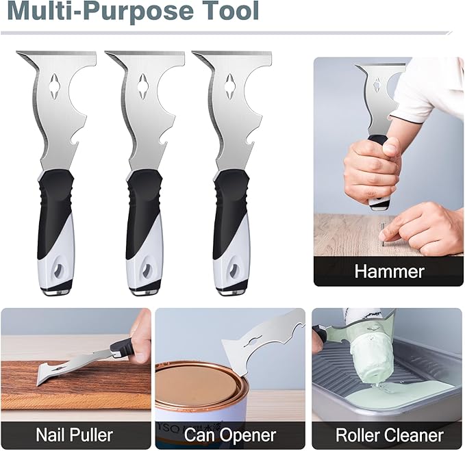 Mister Rui 2 Pack Paint Scraper Set, 3" Bent Paint Scraper with 10 in 1 Putty Knife, Stainless Steel Painting Tools, Metal Curved Floor Scraper for Cleaning, Removing, Repairing