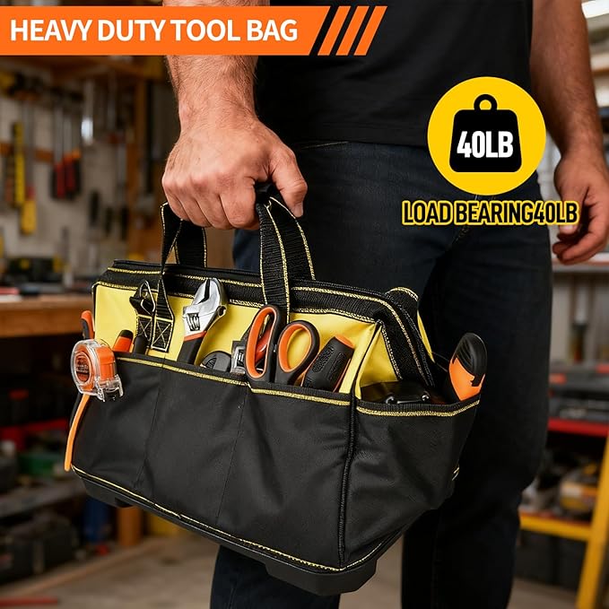 Heavy Duty Tool Bag 16-Inch, 16-Pocket Portable Tool Bag Organizer with Adjustable Shoulder Strap,Soft Handle Large Zipper Carrying Tool bags with Wide Mouth and Waterproof Strong Molded Base