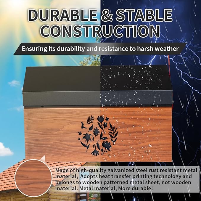 Wall Mount Mailbox, Large Capacity Mailbox for House Outside with Flag Kit Galvanized Steel Rust-Proof Metal Post Drop Box, 15.74"×9.84"×4.33" Flower Hollowed Wooden Patterned Metal Sheet